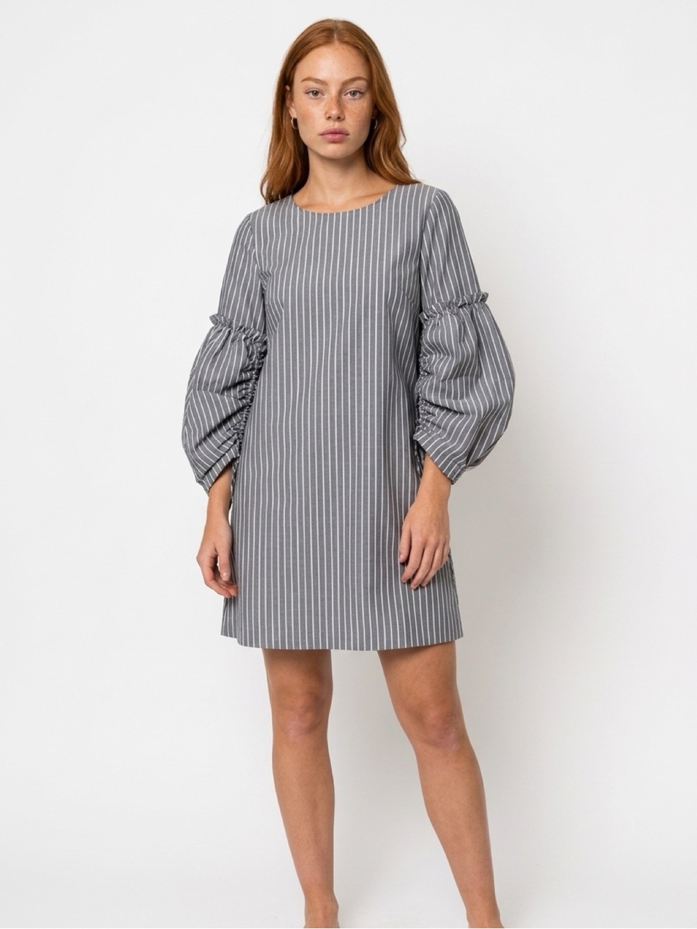 Charles Henry Gray Pinstripe Balloon-Sleeve Mini Dress